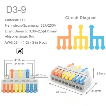 D3-9 Mini Quick Kabelverbinder Schnellverbinder 3 PIN Eingang 9 polig Ausgang