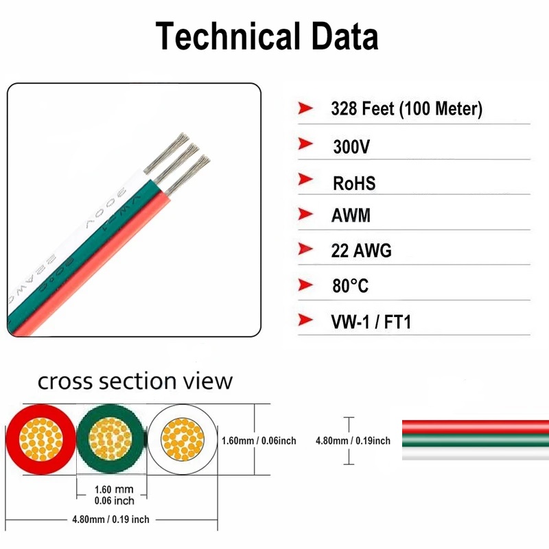 3 PIN LED Flachbandkabel Kabel Anschlusskabel Verbindung 3 adrig