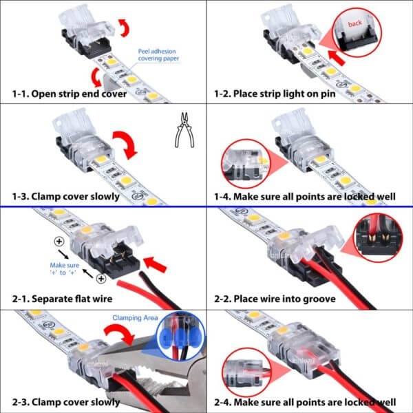 Schnell Verbinder für 2 Pin 10mm breit LED Strip zu Strip Streifen an Kabel Stecker Spleiß Crimp Anschluss