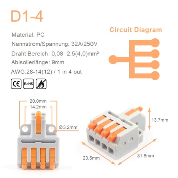 D14 Mini Kabelverbinder Schnellverbinder 1 PIN Eingang 4 polig Ausgang