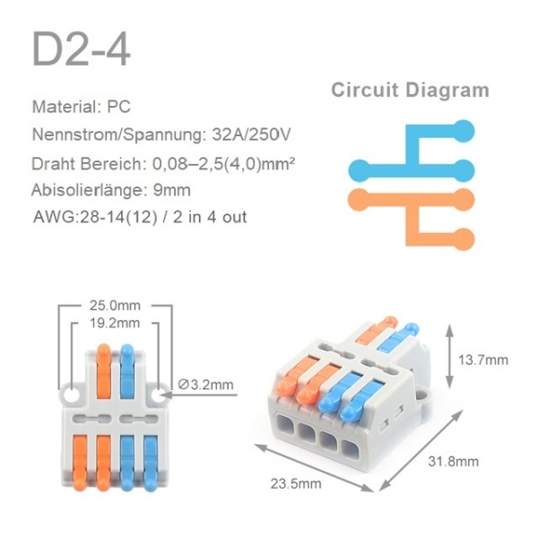 D2-4M Mini Kabelklemme Abzweigklemme 2 PIN zu 4 POL Anschlussklemme Kabel Leiter Draht Splitter